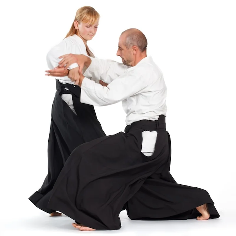 Dwie osoby ćwiczą aikido na macie
