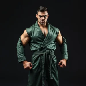 Mocny zawodnik MMA w zielonym kimono z intensywnym spojrzeniem