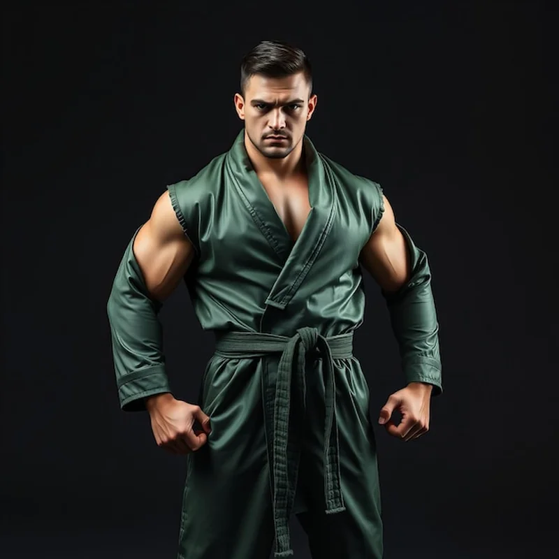 Mocny zawodnik MMA w zielonym kimono z intensywnym spojrzeniem