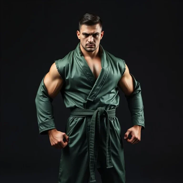 Ważący zawodnik MMA w zielonym kimono z intensywnym spojrzeniem