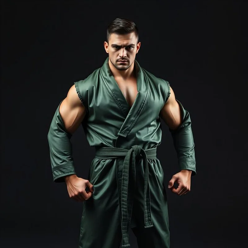 Ważący zawodnik MMA w zielonym kimono z intensywnym spojrzeniem